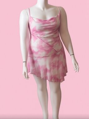 Plus Size Pink Watercolor Slip Dress - Spaghetti Strap Mini